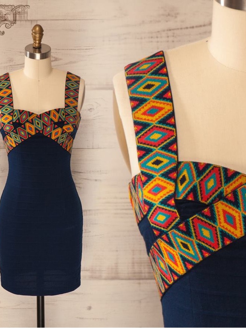 NWT ✨ Aniina Navy Mini Dress with Multicolor Geometric Straps women’s size Small